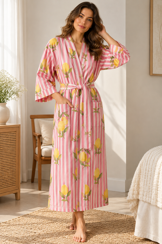 Pink & Light Pink Striped Cotton Kimono | Citrus Lemon Print Block Lounge Robe & Sleepwear