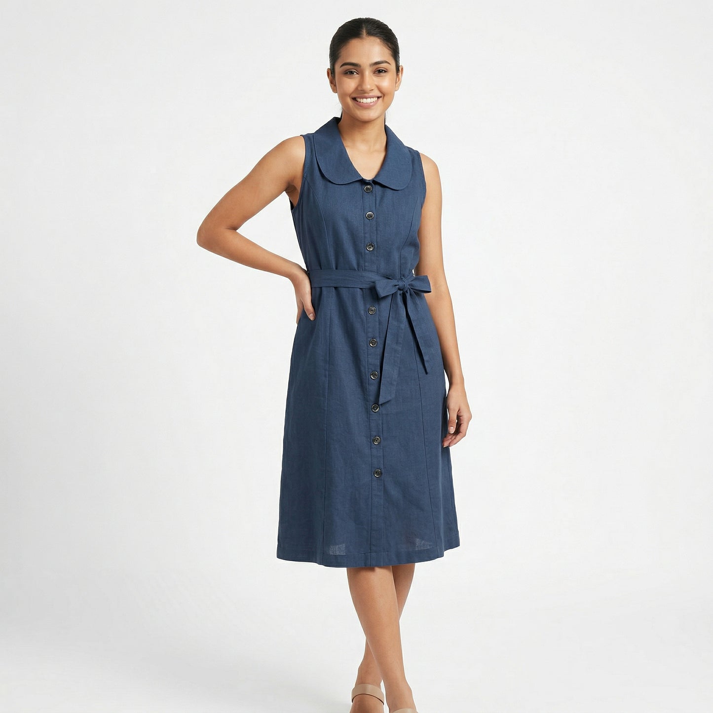 Blue Linen Cotton Blend Midi Dress: Sleeveless A-Line Summer Dress