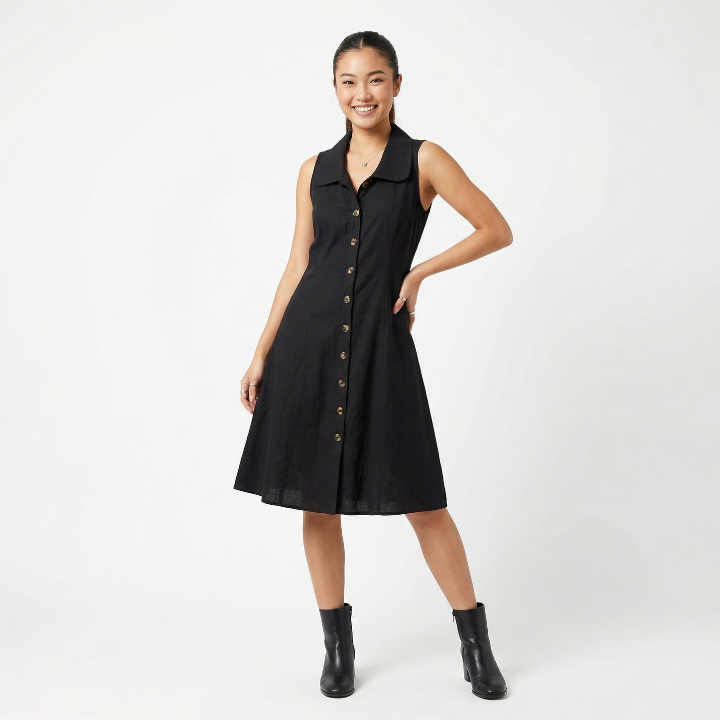 Black Linen Cotton Blend Midi Dress: Sleeveless A-Line Summer Dress