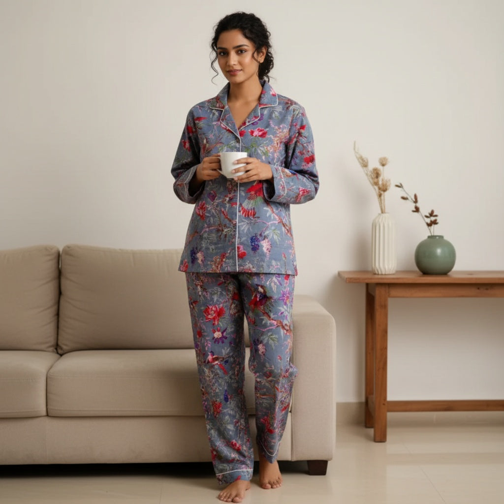 Grey Floral Cotton PJ set