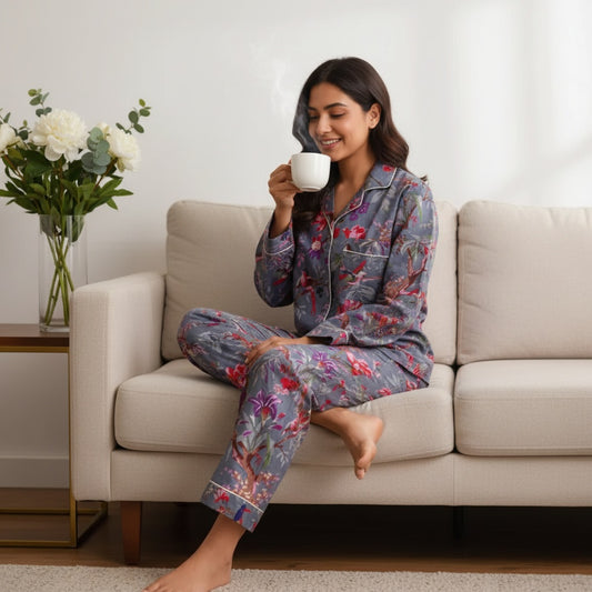 Grey Songbird & Floral Print Cotton Pajama Set, Botanical Sleepwear & Lounge Apparel, Thanksgiving Gift For Her