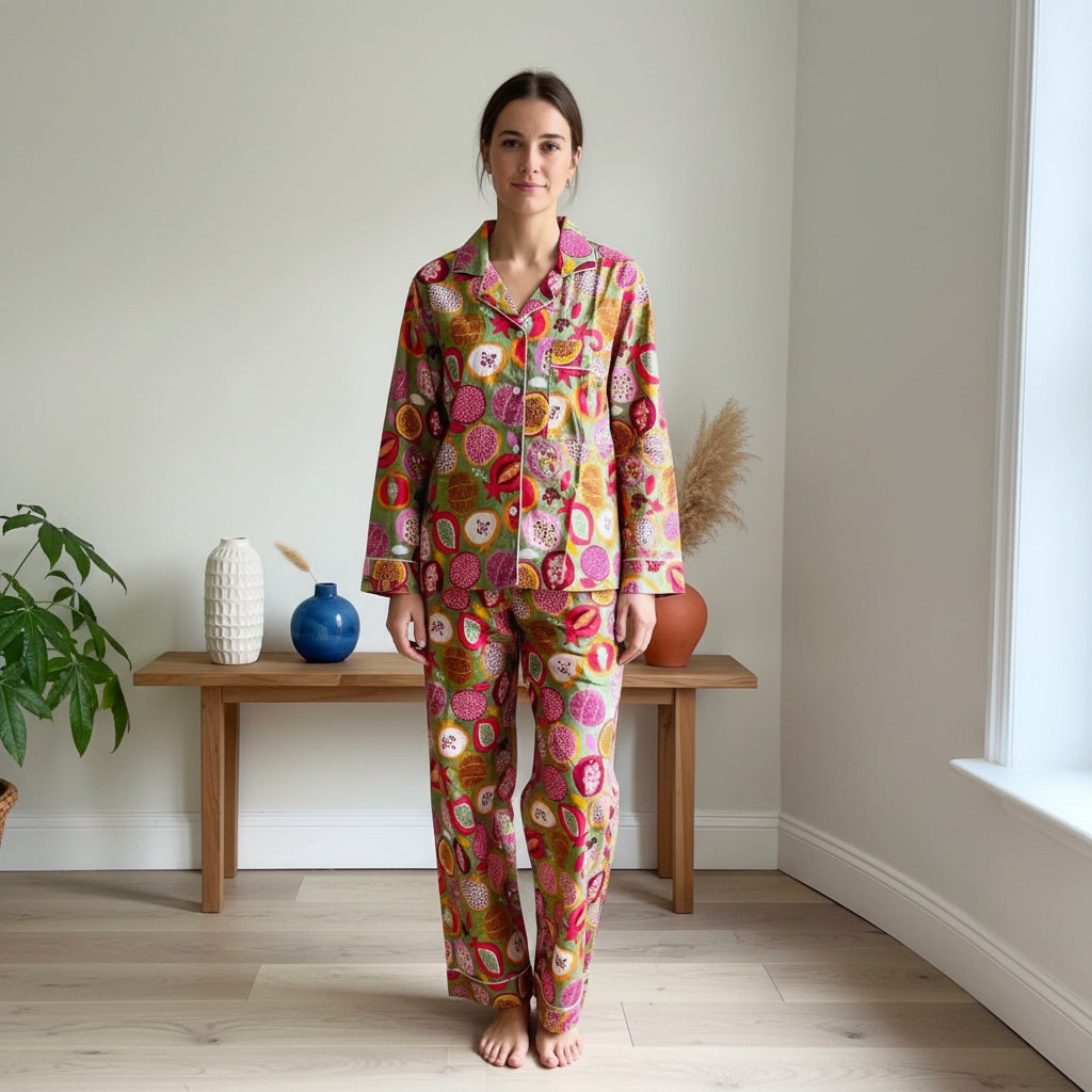 Green Pomegranate Block print Cotton PJ set