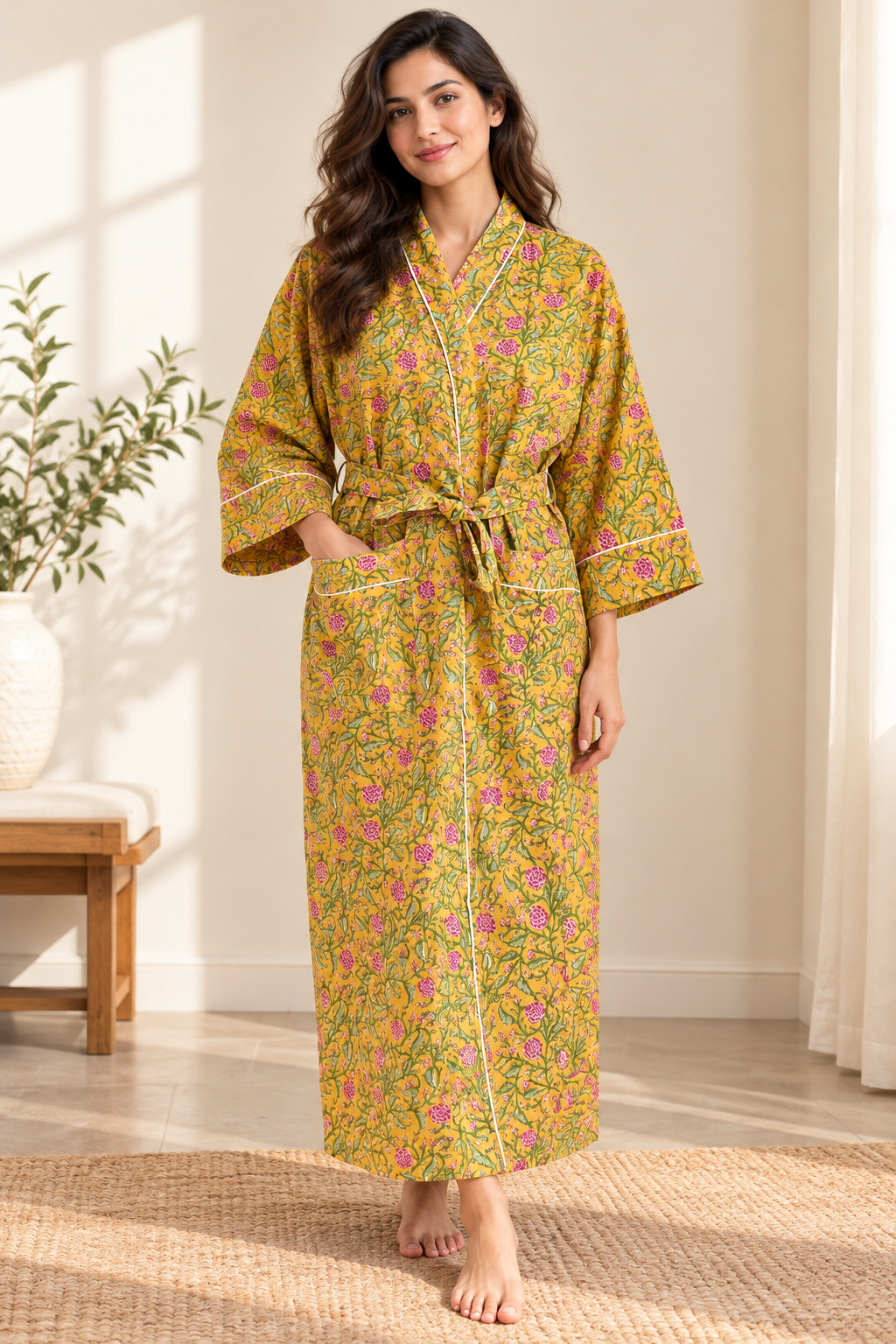Mustard Yellow & Pink Block Print Cotton Kimono | Floral Motif Lounge Robe & Bohemian Sleepwear