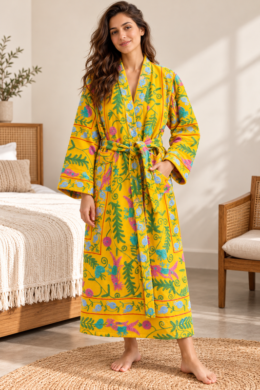 Marigold Yellow Suzani Embroidered Cotton Kimono | Sky Blue Floral Motif Bohemian Housecoat & Lounge Robe