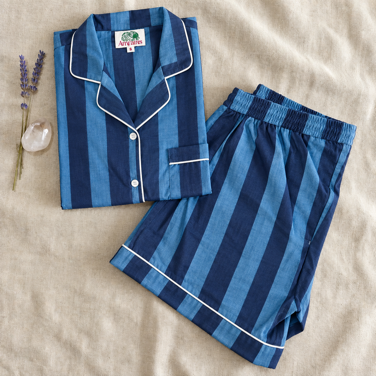 Navy & Light Blue Vertical Striped Cotton Shorts Set, Classic Coastal Sleepwear & Loungewear