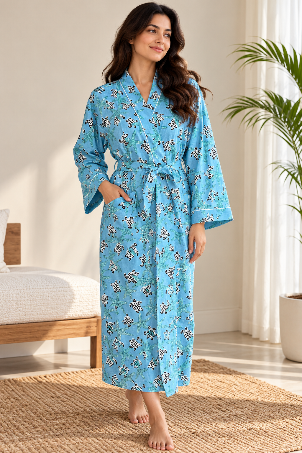 Ocean Blue Cotton Kimono Bathrobe | Sea Turtle & Starfish Print Beach Resort Lounge Wear