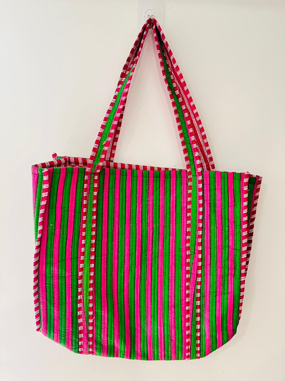 Pink & Green Striped Tote Bag