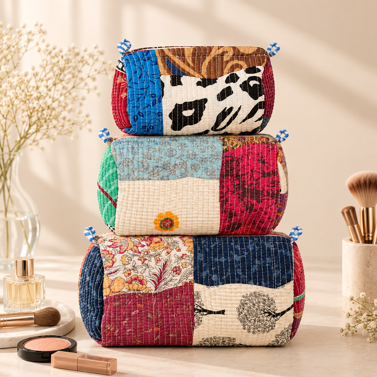 Set Of 3 Makeup Bag, Boho Kantha Patchwork Cotton Travel Case, Quilted Cosmetic Storage Bag Set