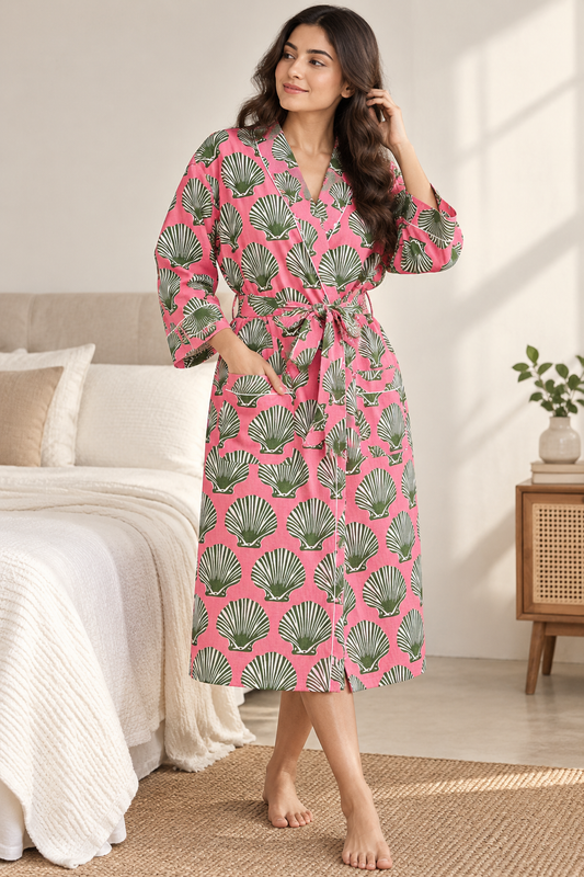 Rose Pink Cotton Kimono Bathrobe | Sage Green Seashell Print Beach Resort Lounge Robe
