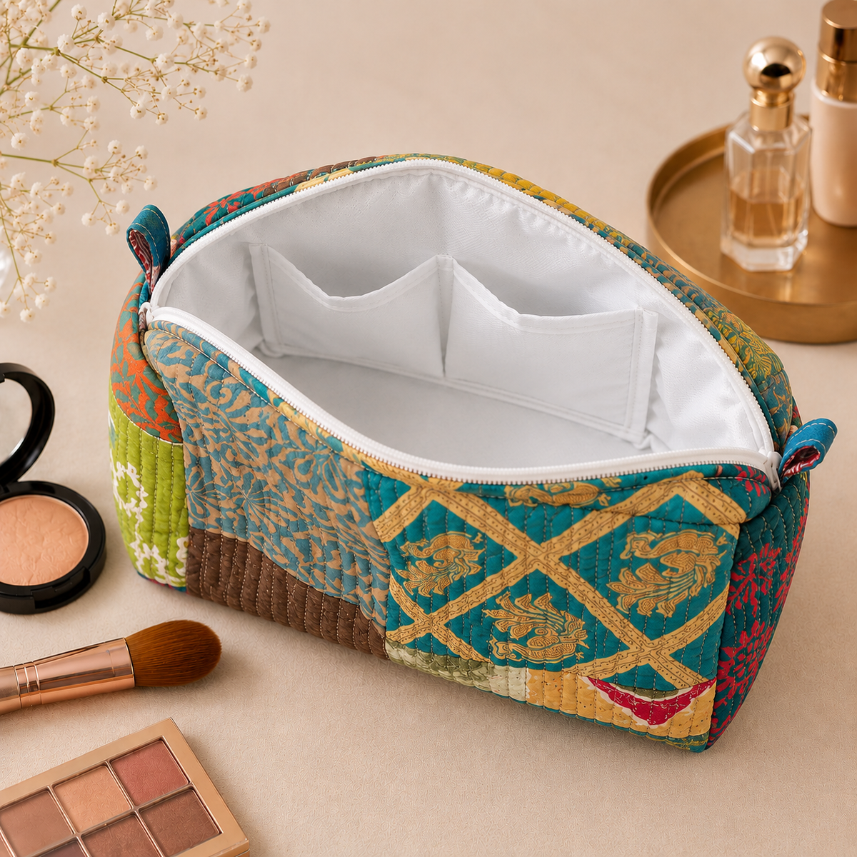 Set Of 3 Makeup Bag, Teal Patchwork Block Print Cotton Travel Case, Quilted Cosmetic Storage Bag Set