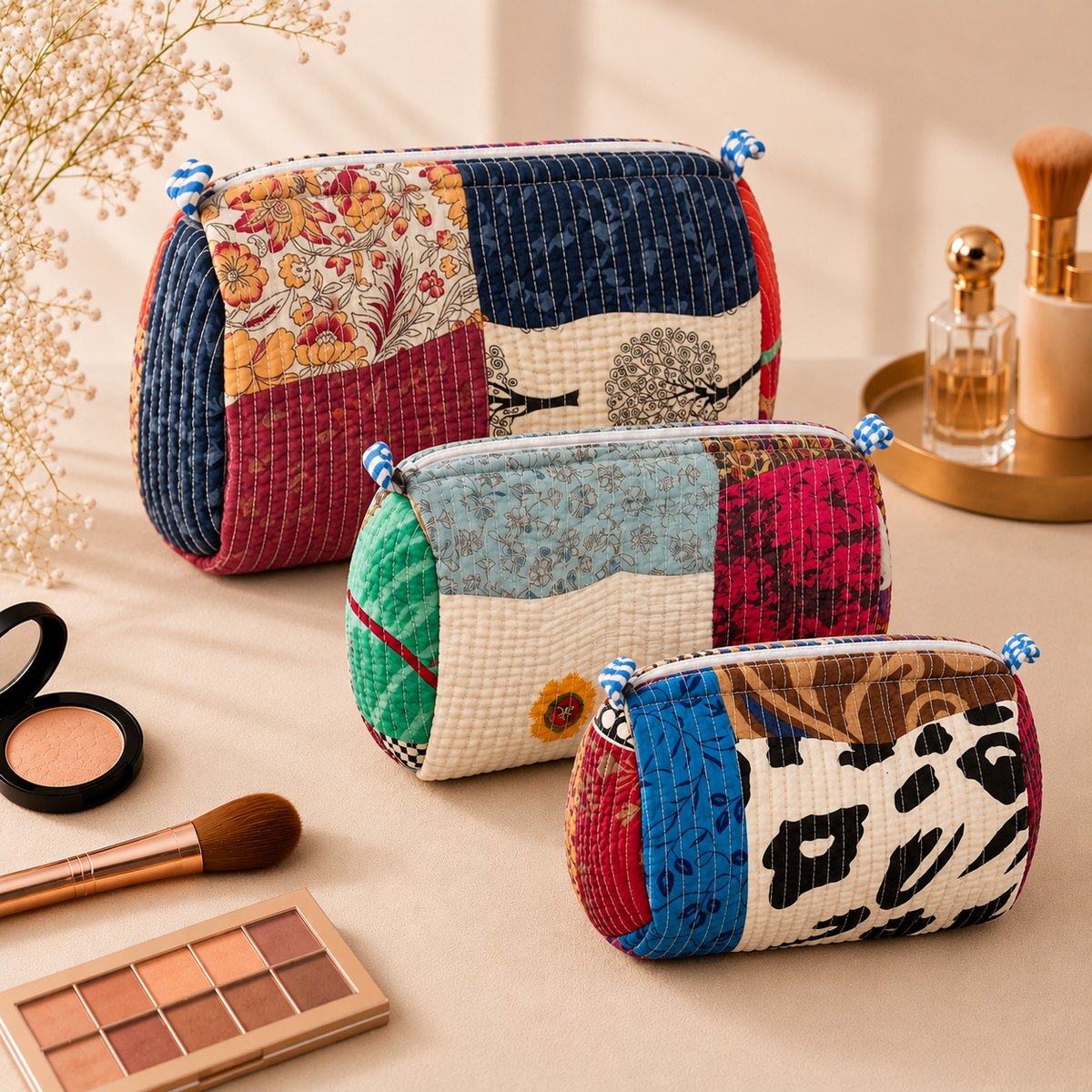 Set Of 3 Makeup Bag, Boho Kantha Patchwork Cotton Travel Case, Quilted Cosmetic Storage Bag Set