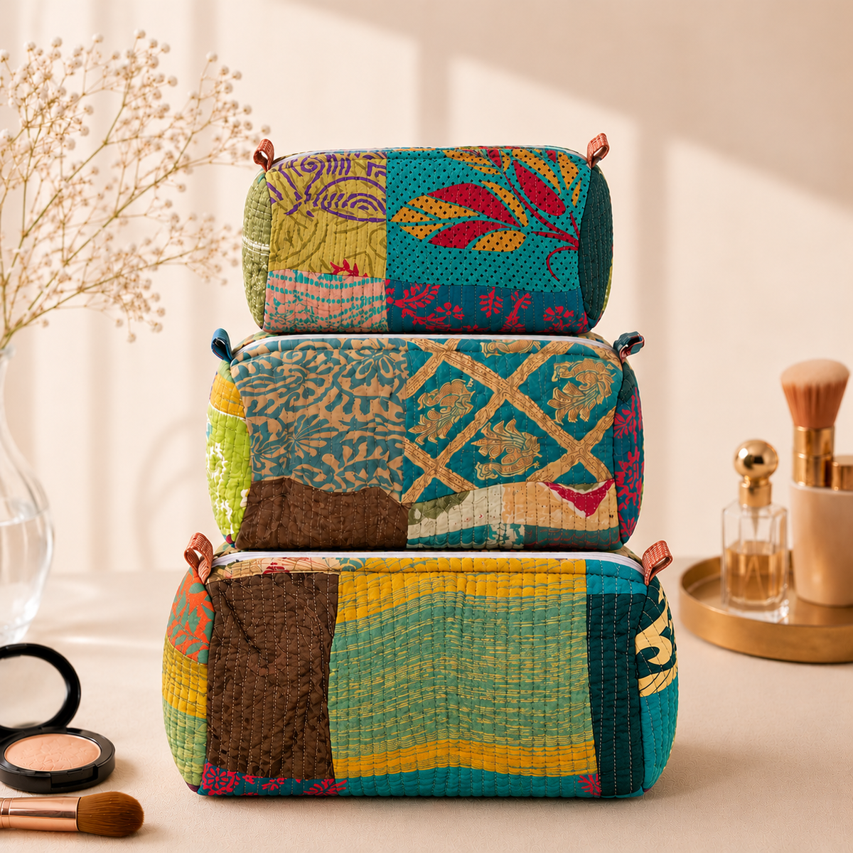 Set Of 3 Makeup Bag, Teal Patchwork Block Print Cotton Travel Case, Quilted Cosmetic Storage Bag Set