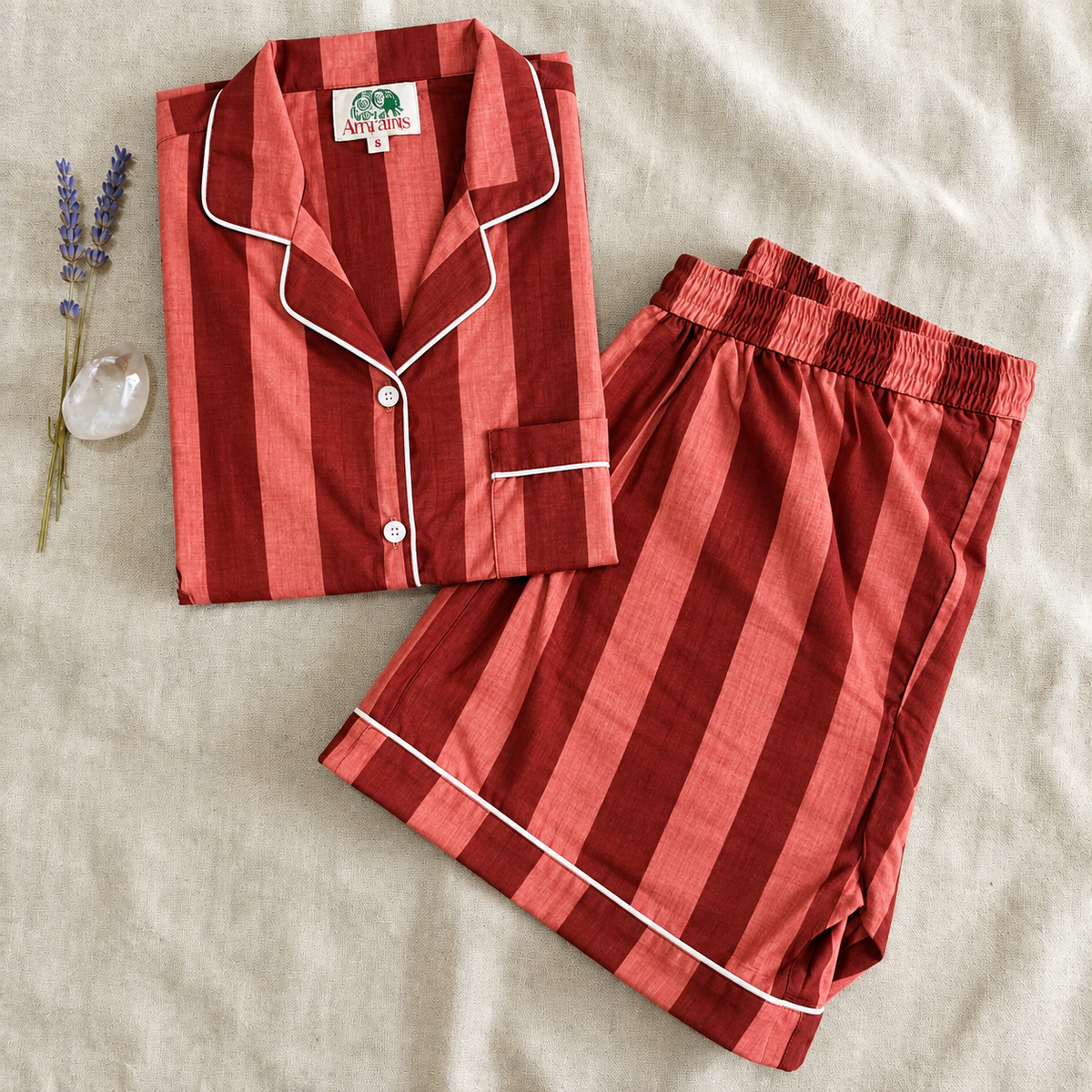 Navy & Light Blue Vertical Striped Cotton Shorts Set, Classic Coastal Sleepwear & Loungewear