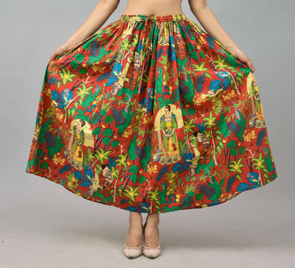 Hand Block Print Blue Frida Kahlo Cotton Skirt