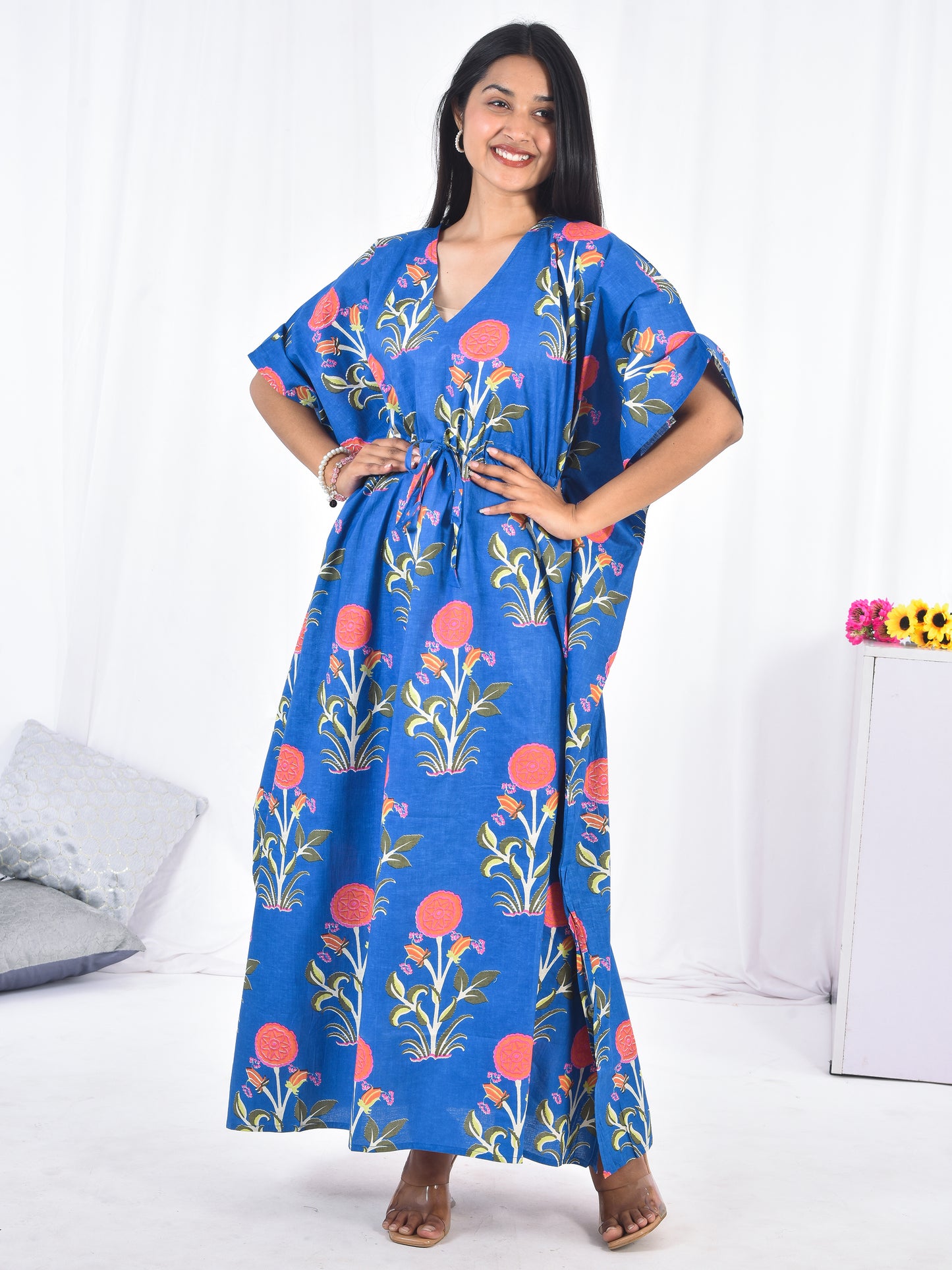Hand Block Floral Print Blue Cotton Kaftan