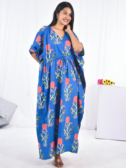 Hand Block Floral Print Blue Cotton Kaftan