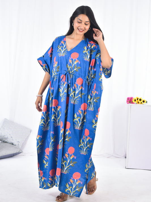 Hand Block Floral Print Blue Cotton Kaftan