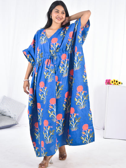 Hand Block Floral Print Blue Cotton Kaftan