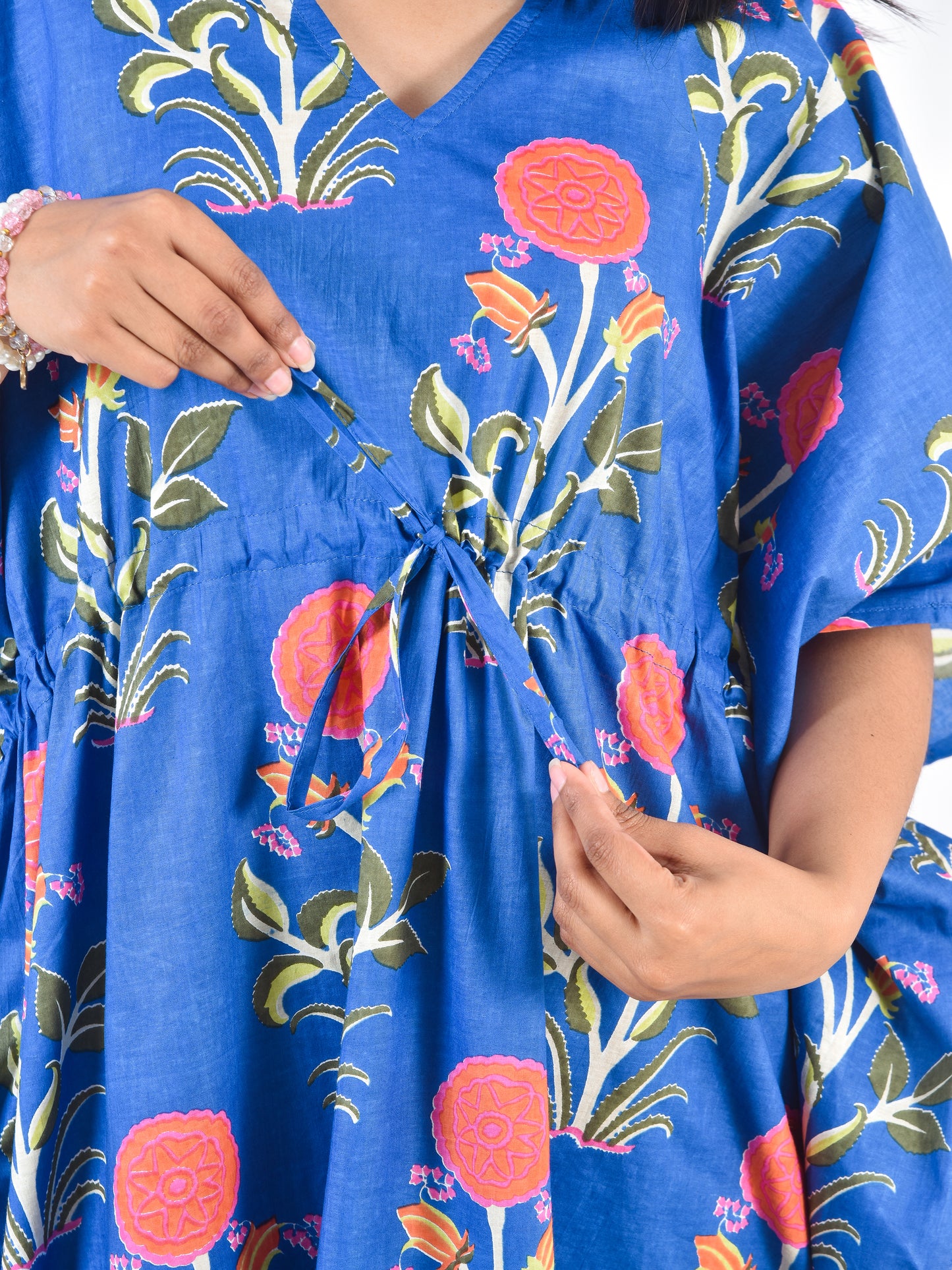 Hand Block Floral Print Blue Cotton Kaftan