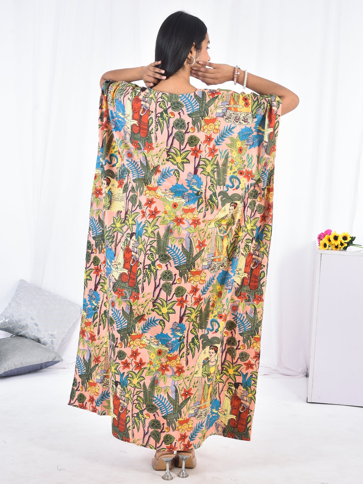Frida Kahlo Cotton Kaftan in Beige