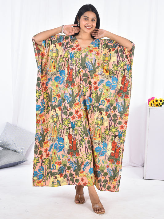 Frida Kahlo Cotton Kaftan in Beige