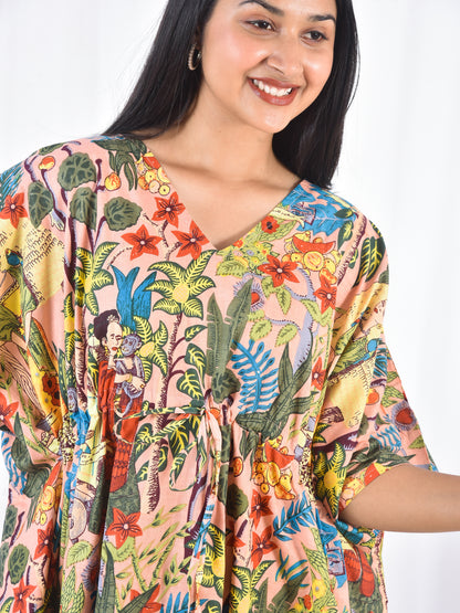 Frida Kahlo Cotton Kaftan in Beige