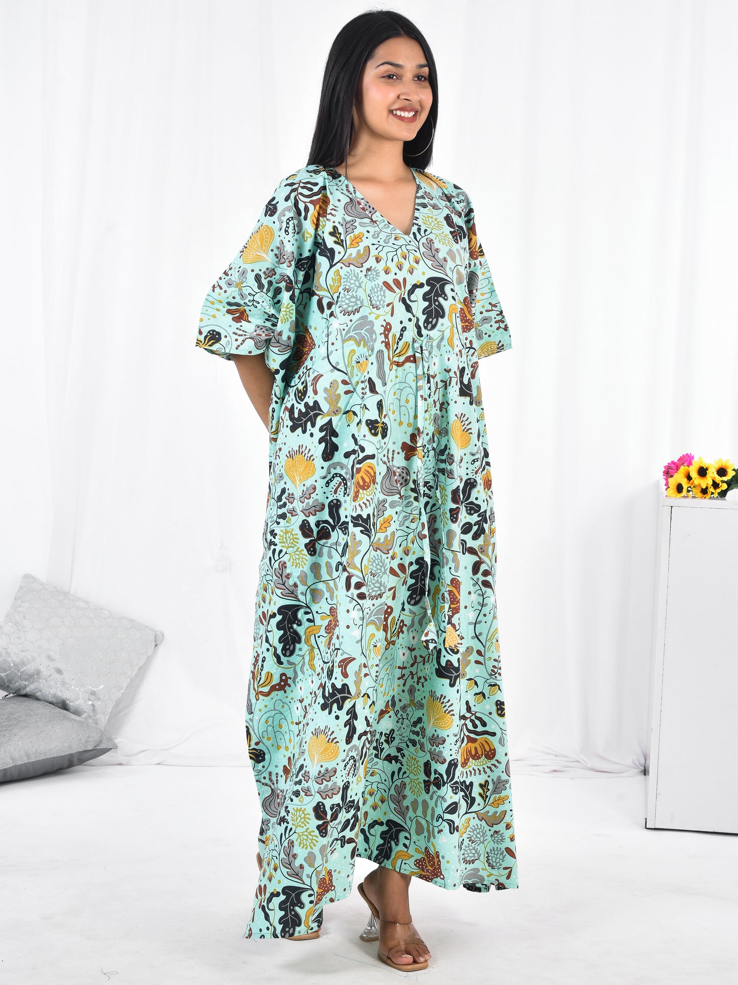 Hand-Block floral Print Cotton Kaftan