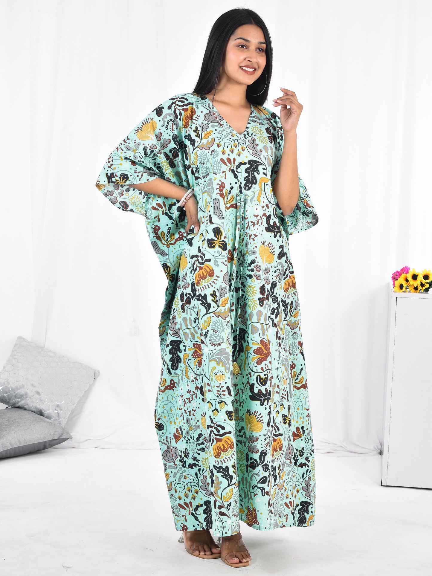 Hand-Block floral Print Cotton Kaftan