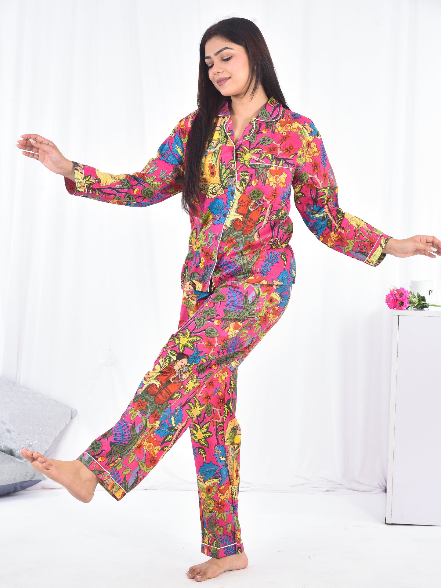 Long PJ Set in Pink Frida Kahlo