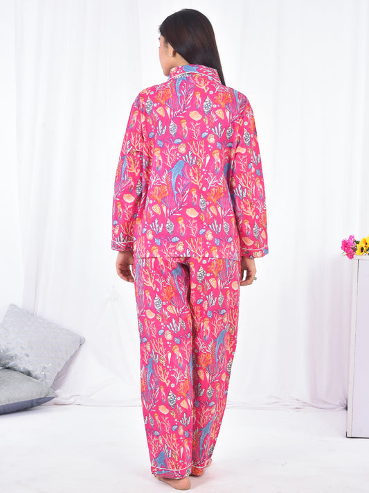 Coral Reef Print 100% Cotton Pajama Set, Pink Marine Life Sleepwear & Loungewear