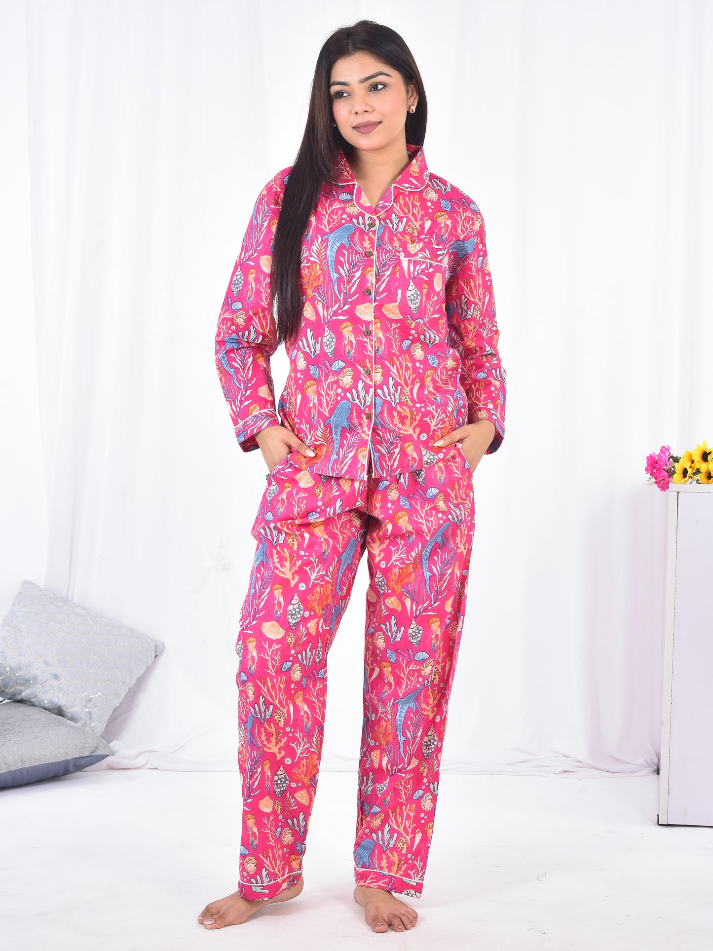 Pink Block Printed Long PJ Set