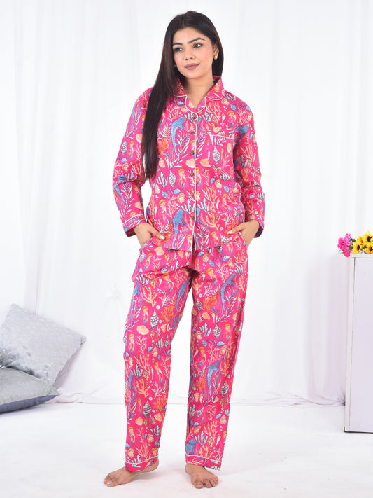 Pink Block Printed Long PJ Set