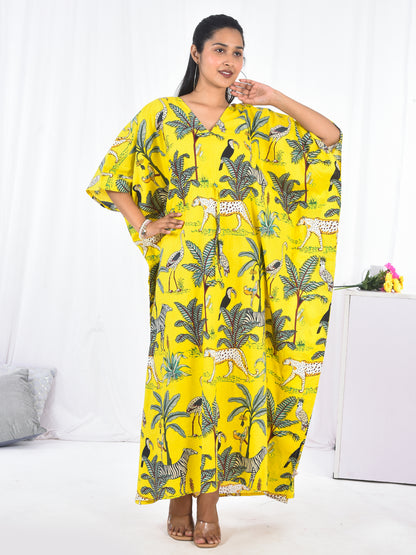 Hand Block Animal Printed Cotton Kaftan - Yellow