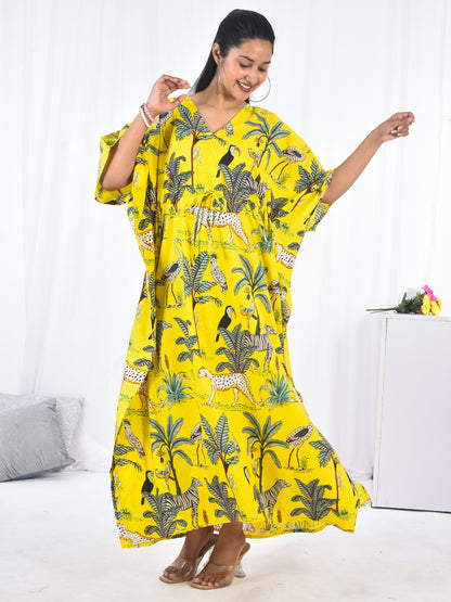Hand Block Animal Printed Cotton Kaftan - Yellow