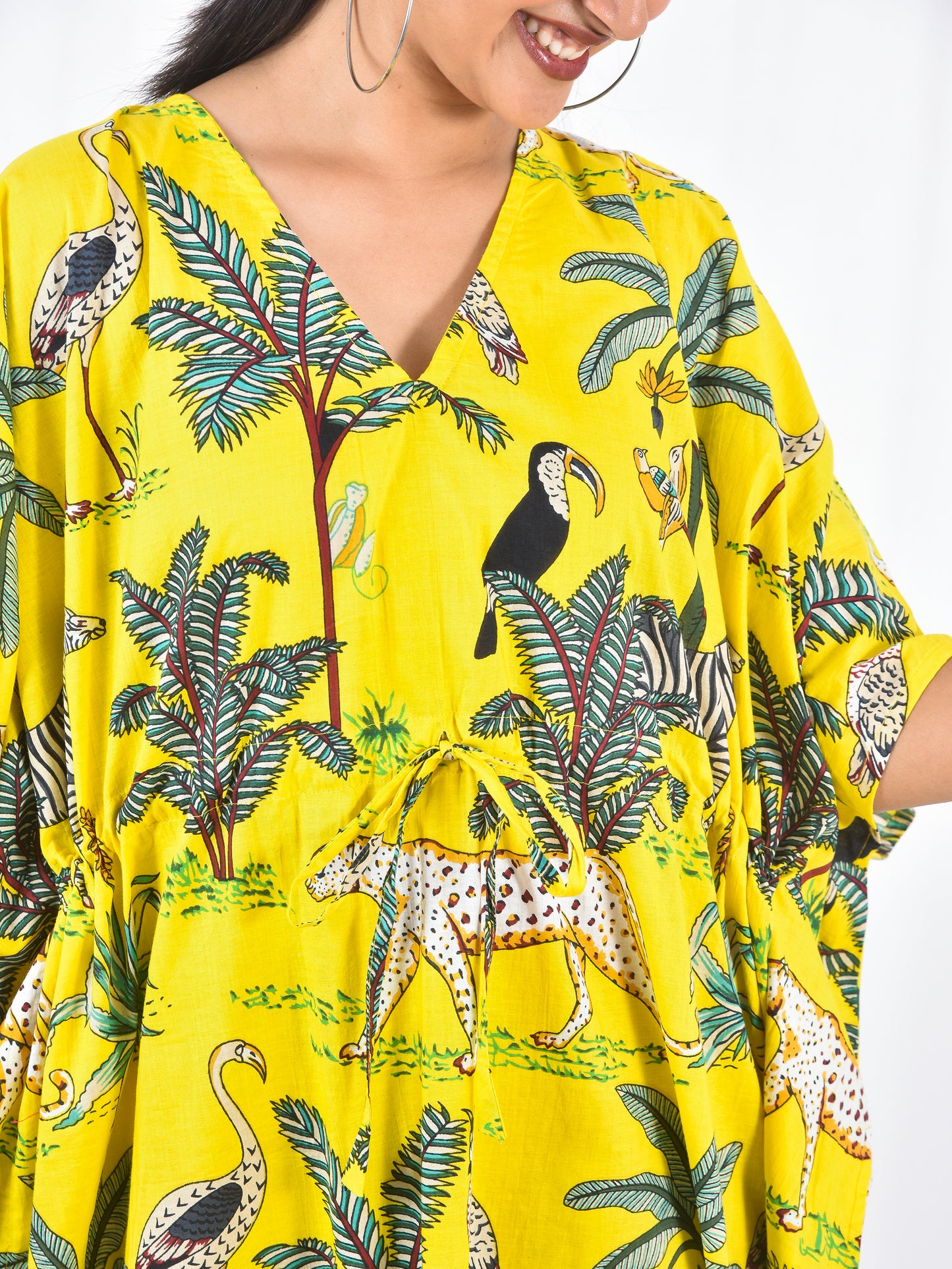 Hand Block Animal Printed Cotton Kaftan - Yellow