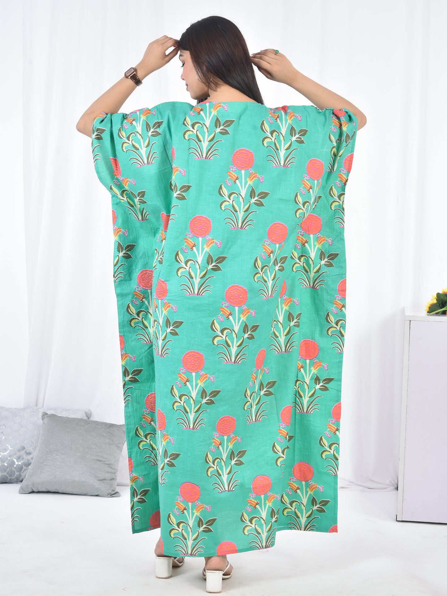 Hand Block Floral Printed Cotton Kaftan
