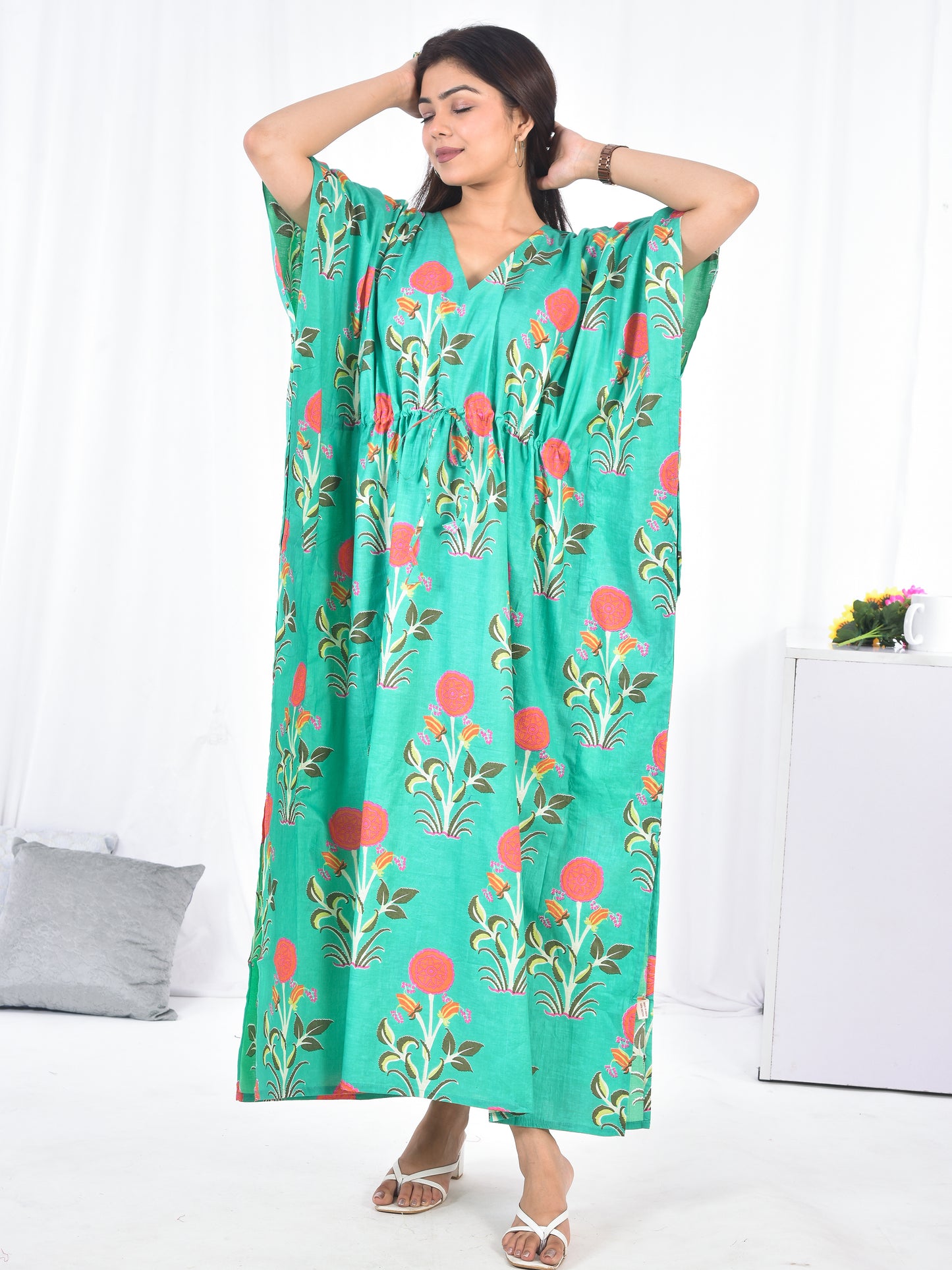 Hand Block Floral Printed Cotton Kaftan