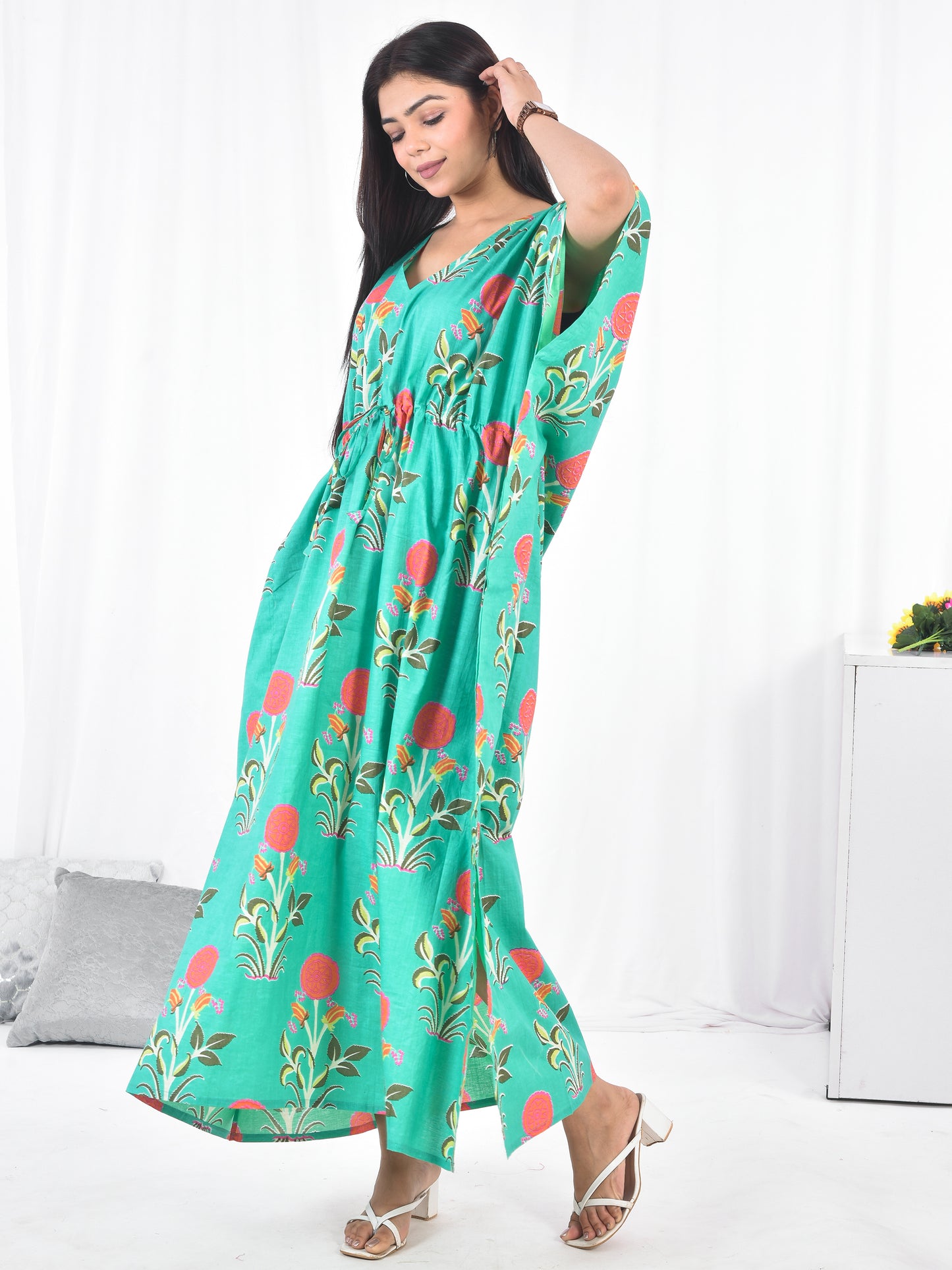 Hand Block Floral Printed Cotton Kaftan