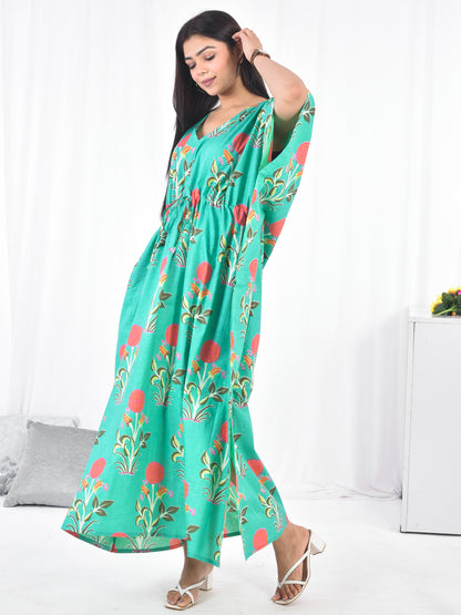 Hand Block Floral Printed Cotton Kaftan