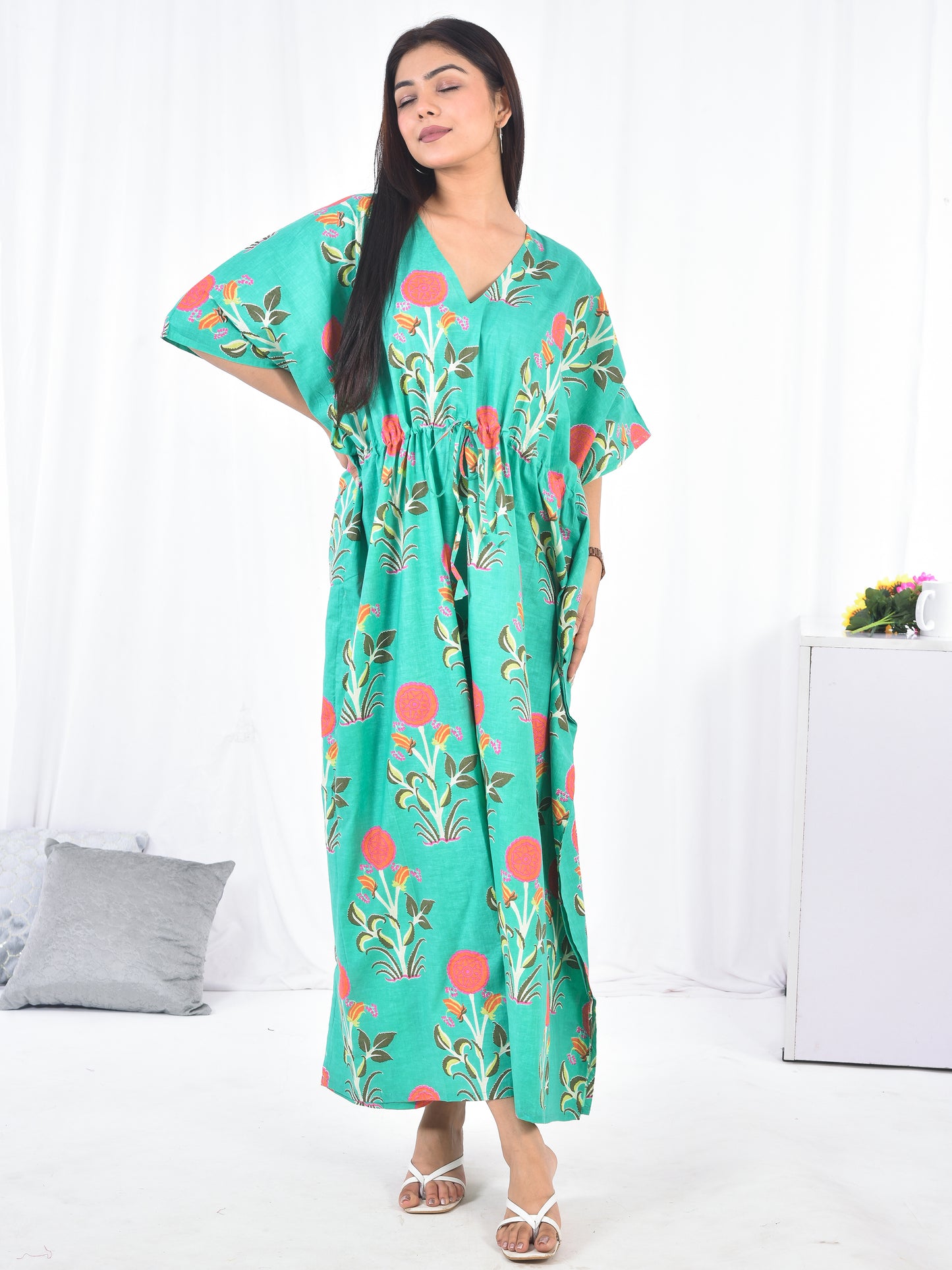 Hand Block Floral Printed Cotton Kaftan