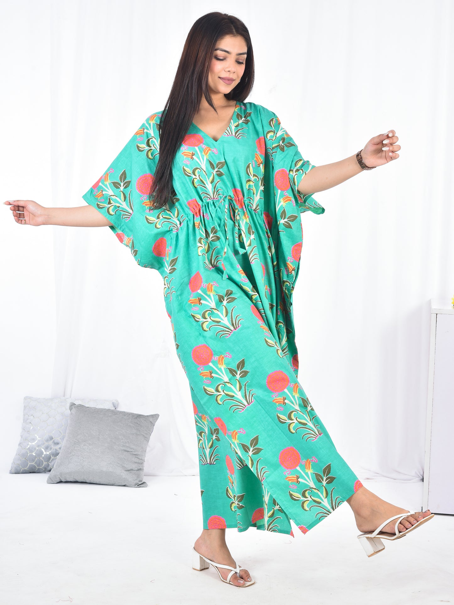 Hand Block Floral Printed Cotton Kaftan