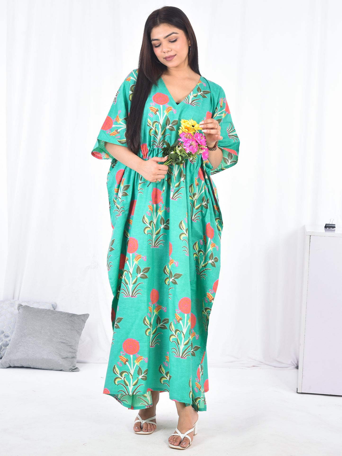 Hand Block Floral Printed Cotton Kaftan