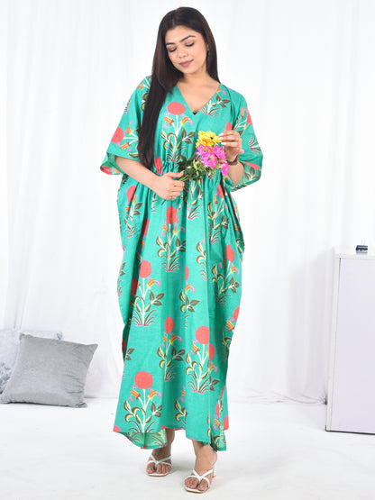 Hand Block Floral Printed Cotton Kaftan