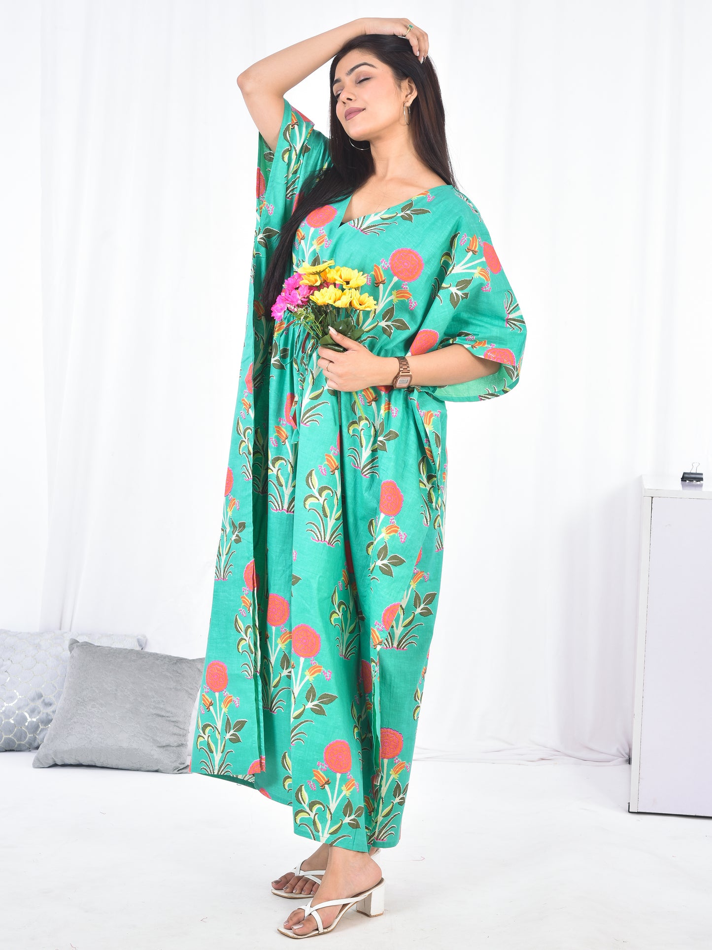 Hand Block Floral Printed Cotton Kaftan
