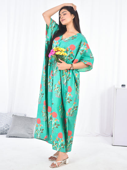Hand Block Floral Printed Cotton Kaftan