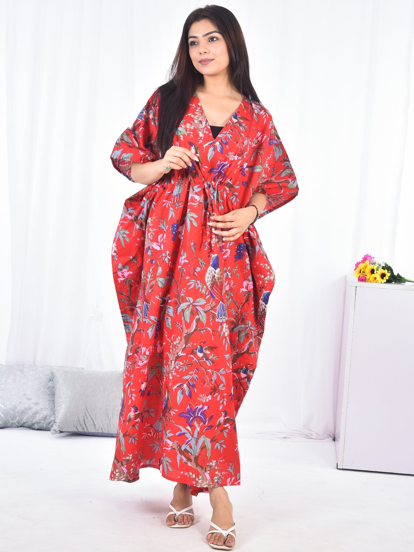 Hand Block Animal Printed Cotton Kaftan in Red