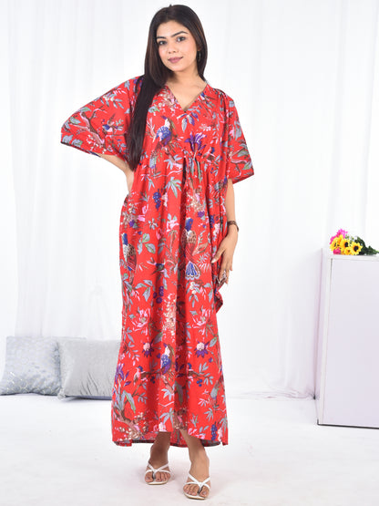 Hand Block Animal Printed Cotton Kaftan in Red