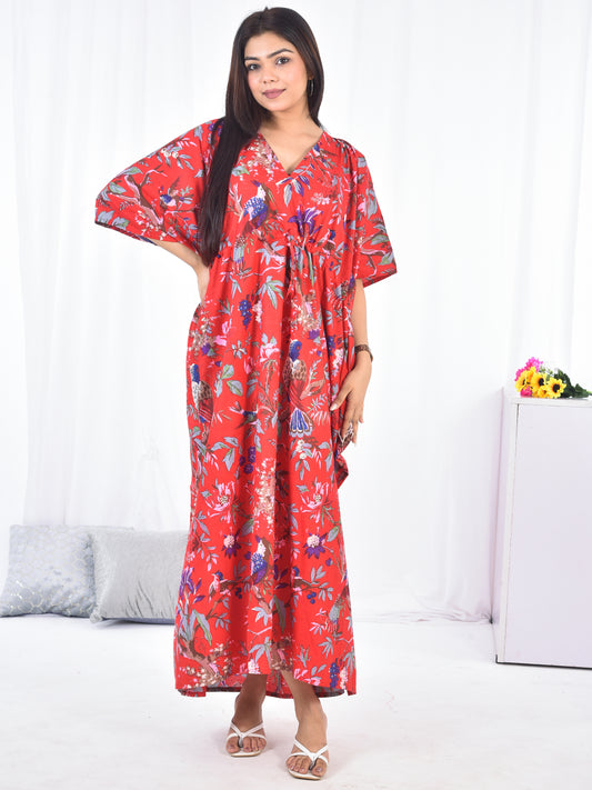 Hand Block Animal Printed Cotton Kaftan in Red