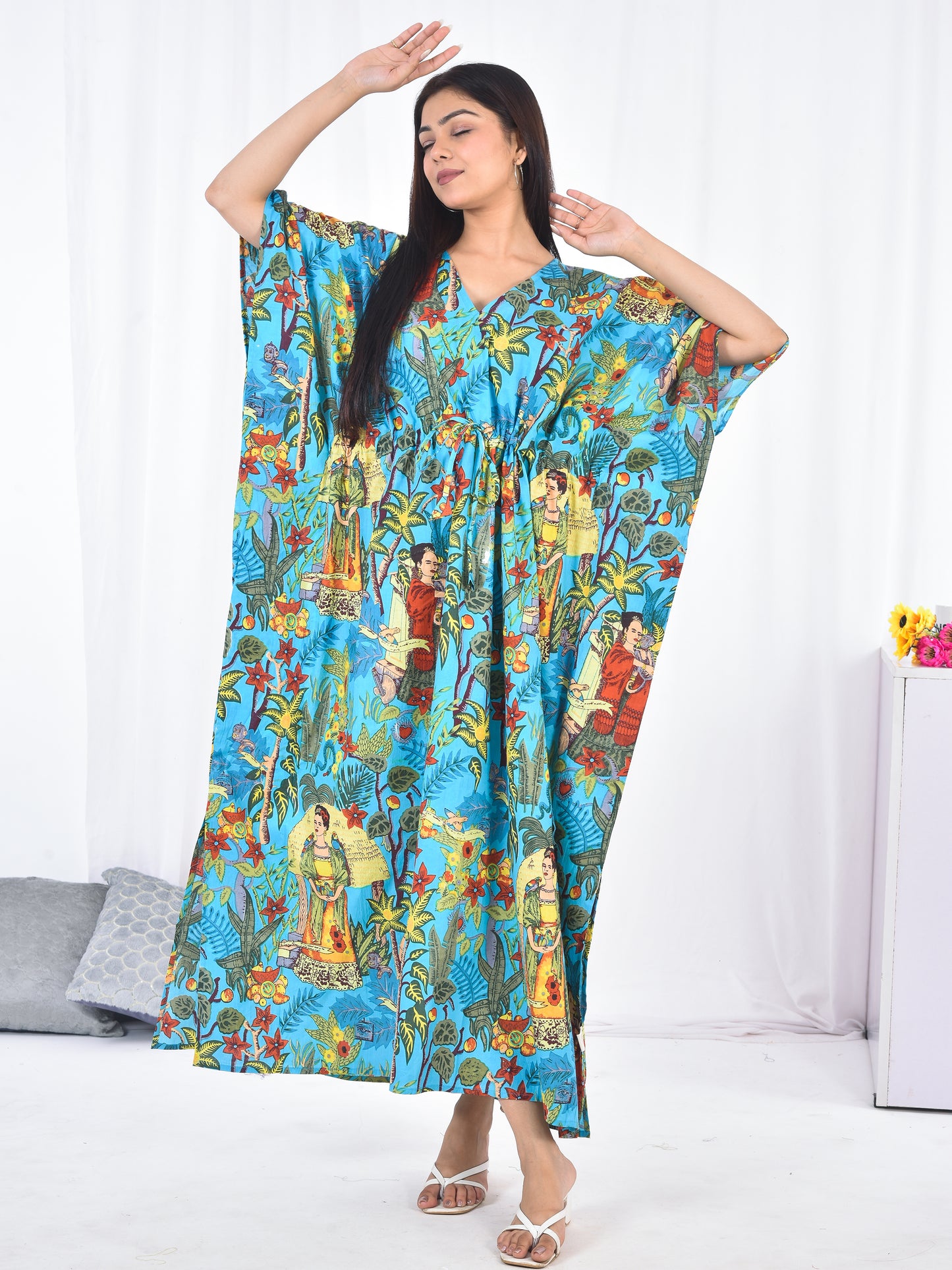 Hand Block Printed Frida Kahlo Cotton Kaftan