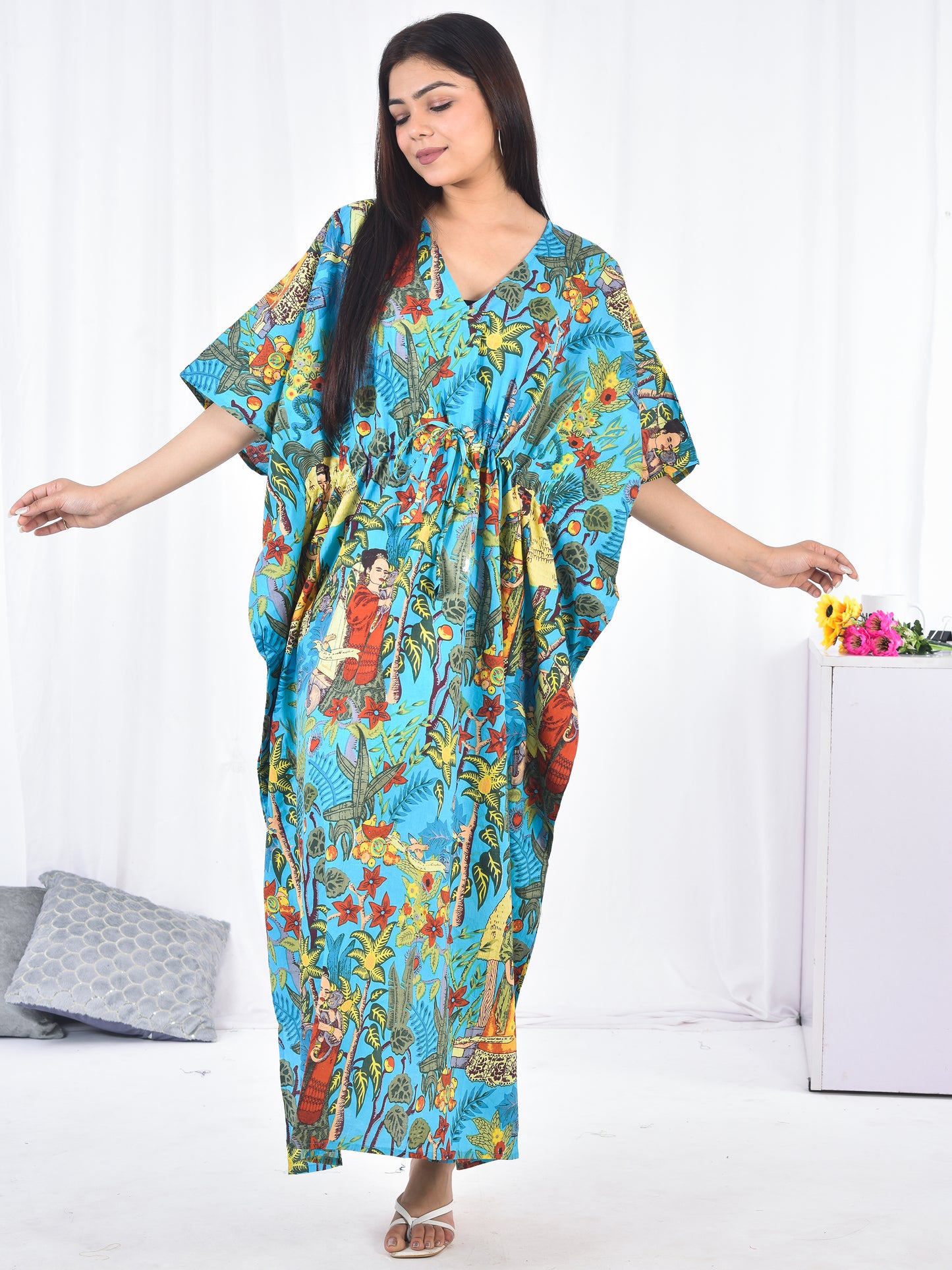 Hand Block Printed Frida Kahlo Cotton Kaftan